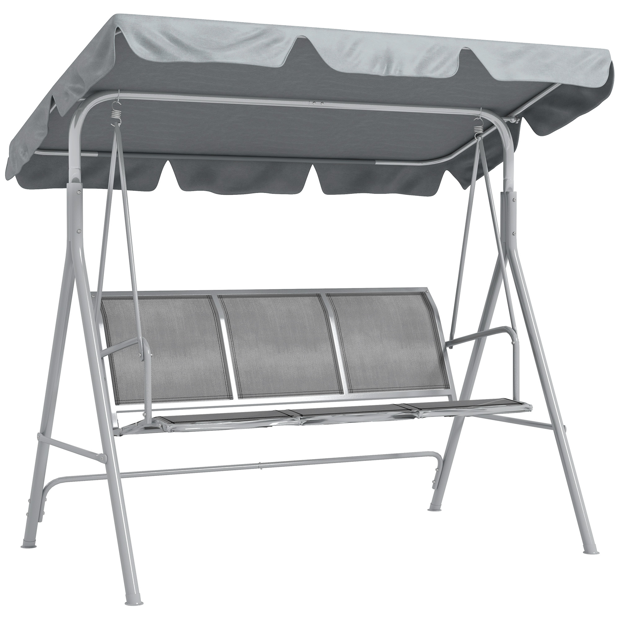 Balanço de jardim Outsunny para 3 pessoas com cobertura ajustável, encosto respirável e estrutura de metal para varanda ou pátio, capacidade de carga de 240 kg, 171 x 108 x 154 cm, cinza.
