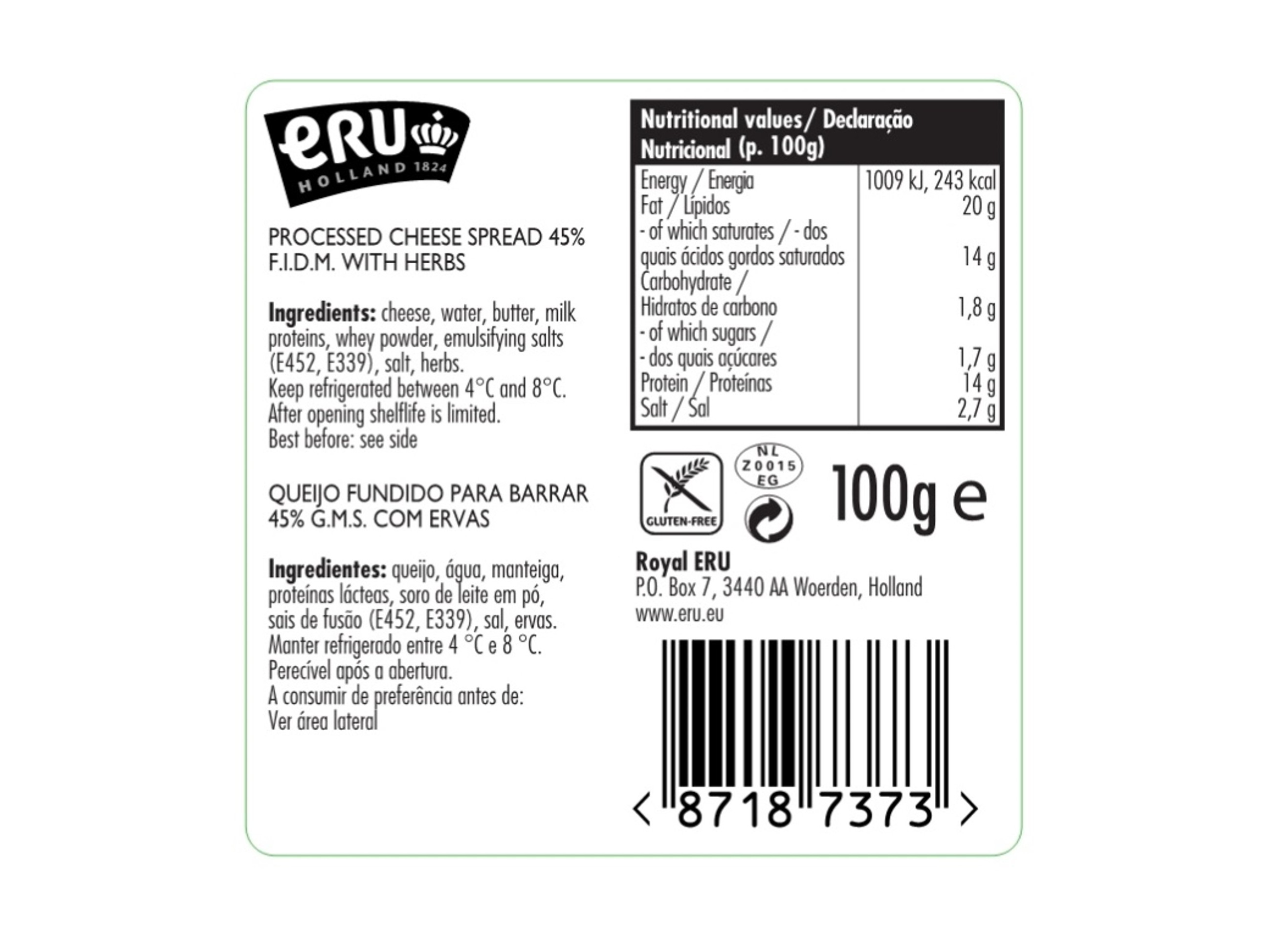 QUEIJO ERU GOUDA E ERVAS BARRAR 100G