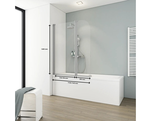 2-delige badwand SCHULTE Komfort 115 x 140 cm helder glasprofiel kleur aluminium D1653 01 50 140