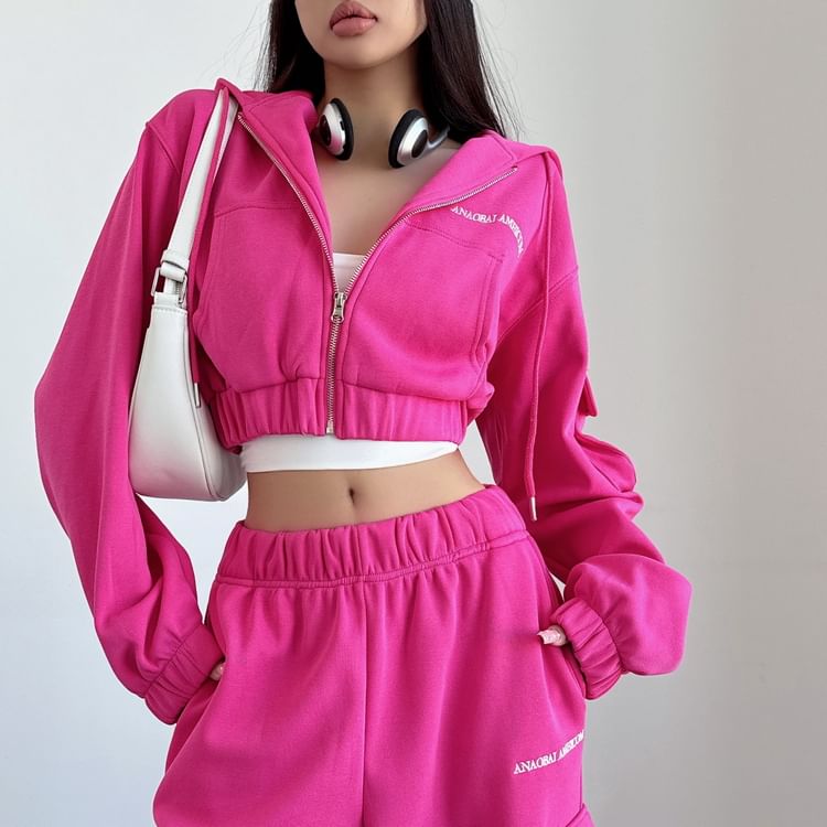 LIVIE - Fleecegevoerde cropped hoodie met geborduurde letters en rits / Cargo-joggingbroek met elastische taille en wijde pijpen