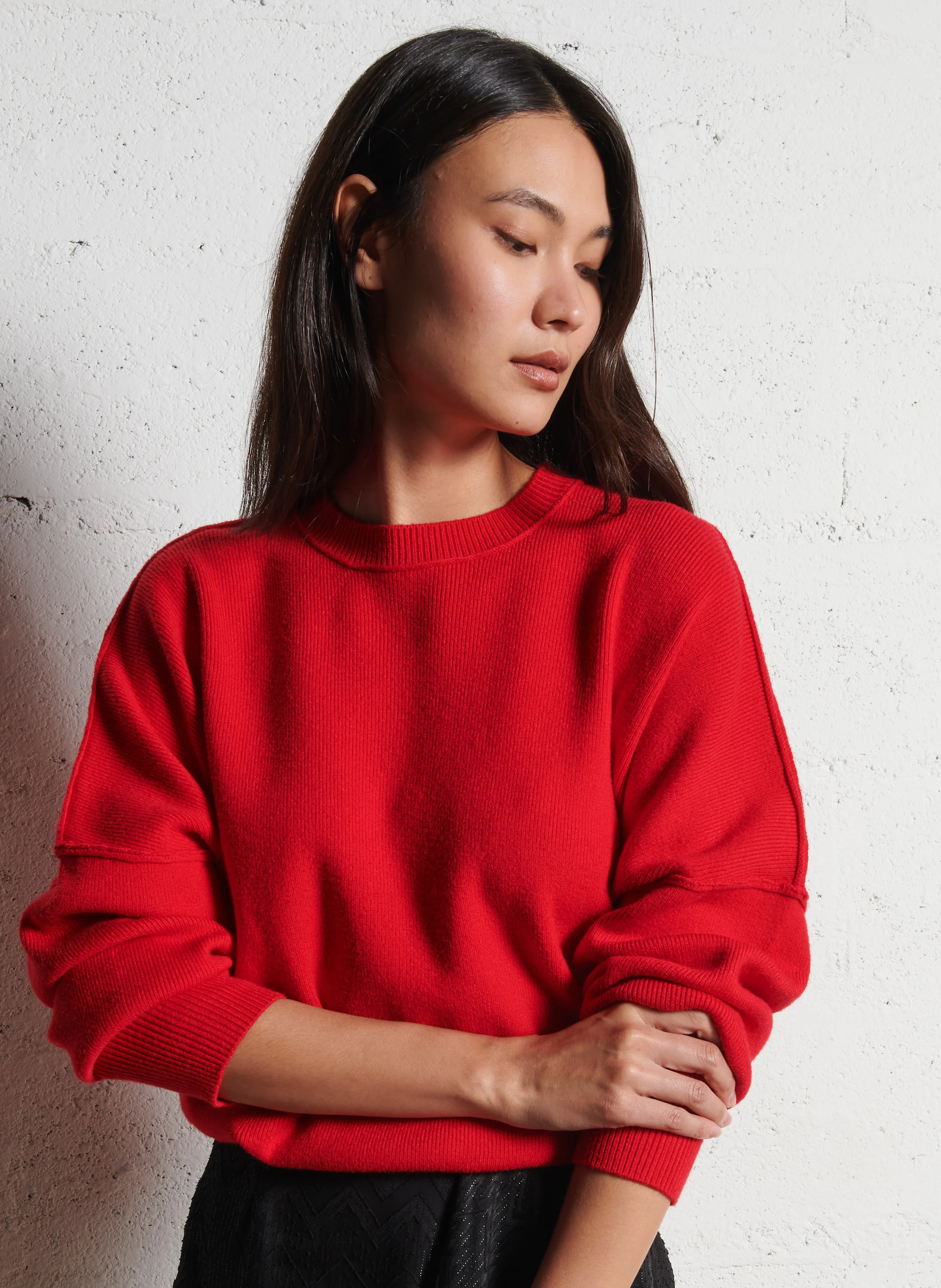 Pull ample col rond en maille mélangée | Rouge