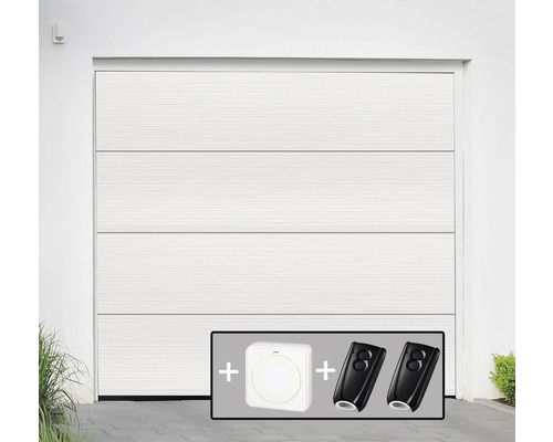 ARON Basic Garagedeur Sectionaaldeur 40 mm L-profiel Slategrain RAL 9010 Zuiver Wit 2500x2125 mm incl. Garagedeuropener, 2 x 2-kanaals handzenders, binnendrukknop IT1-1b