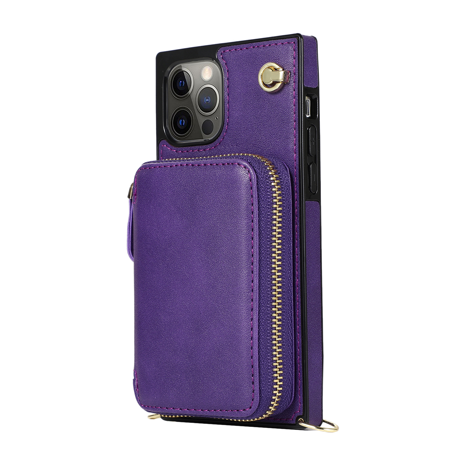 iPhone 13 Pro Necklace Leder Schutz Hülle mit Kartenfächer   Handykette (140cm) - Violett