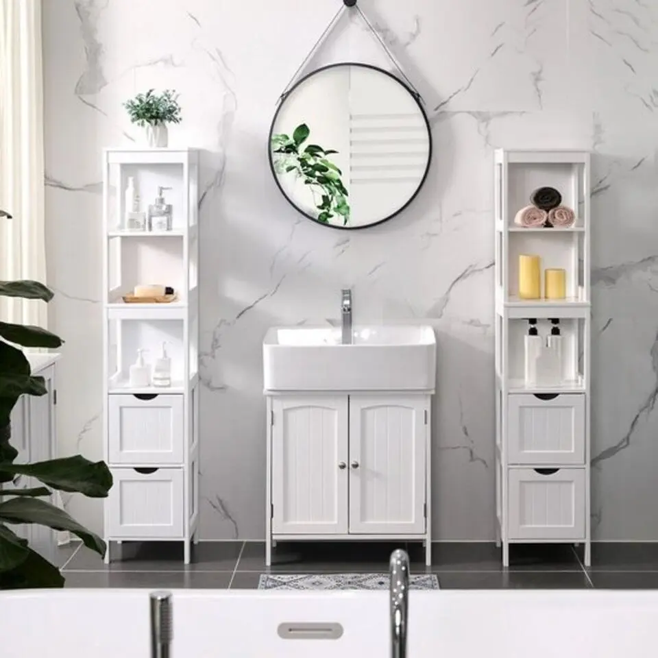 Bobbel Home - Hoge kast voor badkamer, opbergmeubel op poten, wit