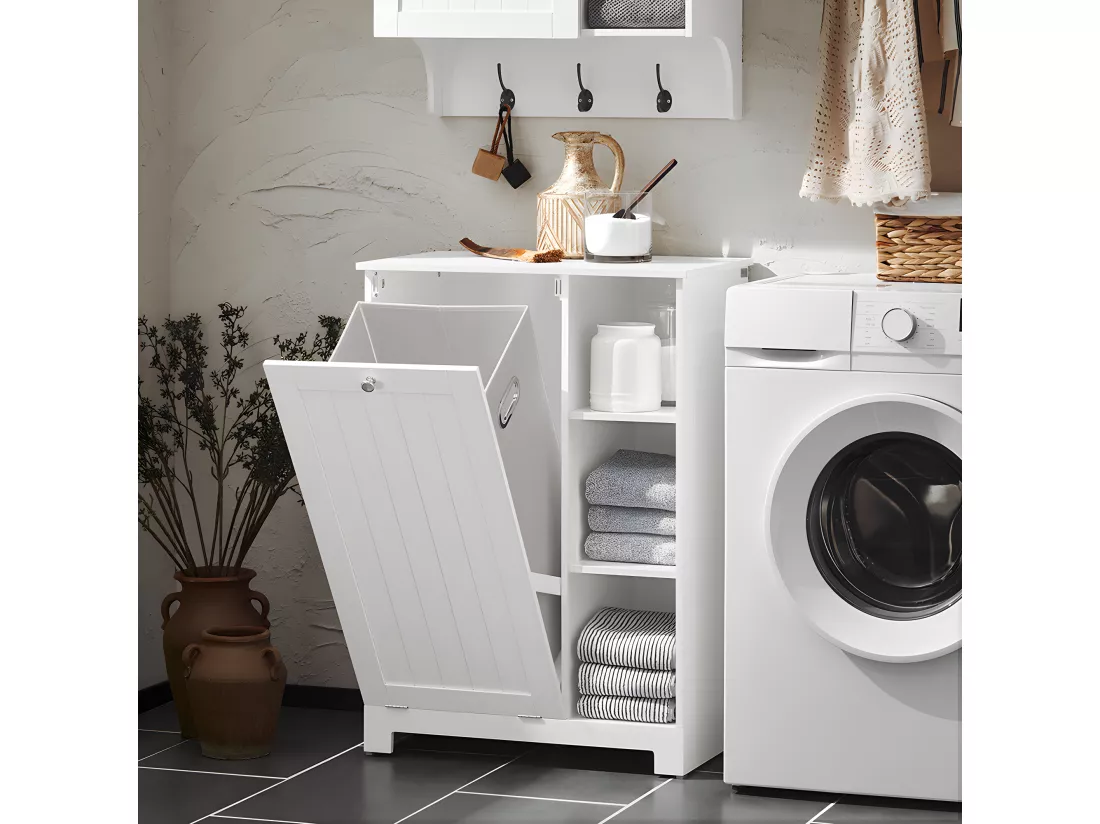 SoBuy BZR105-W Armoire à Linge avec Sac à Linge avec 3 étagères et 1 Panier à Linge Amovible
