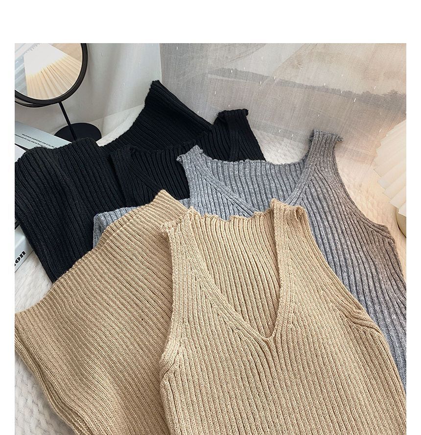 DIYI - V-hals effen slim-fit gebreide jurk