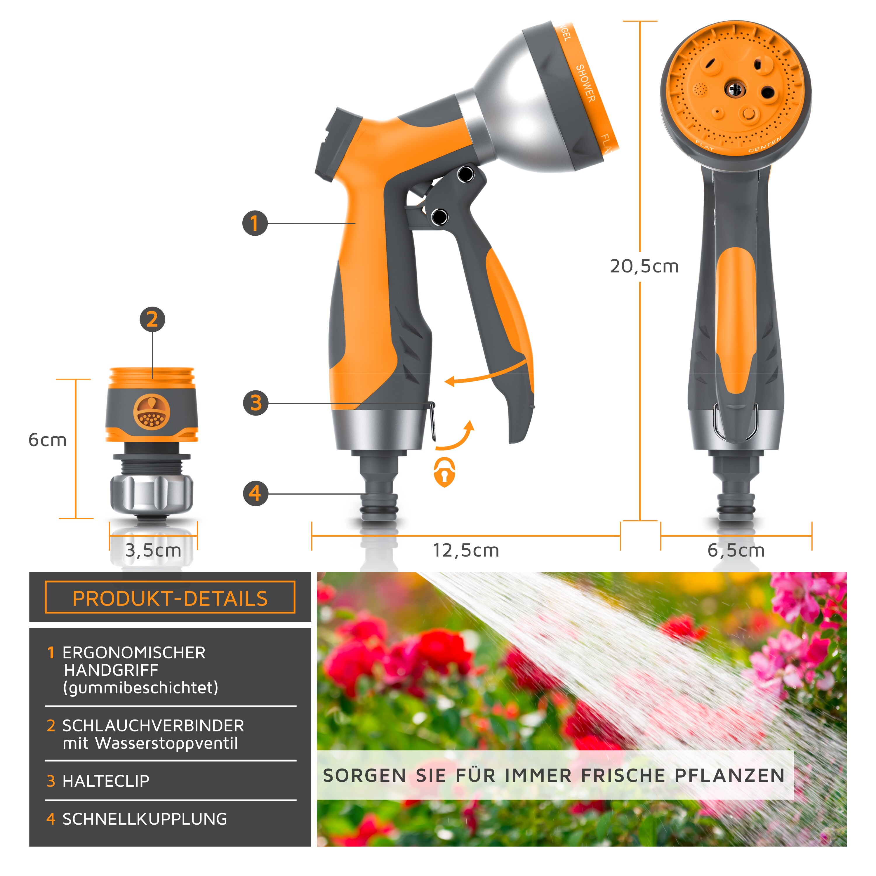 Brandson Garten Handbrause 7 Sprühprofile - Gartenbrause für Gartenschlauch - Spritzpistole Pistolengriff mit Halteclip - 1-8 bar Wasserdruck