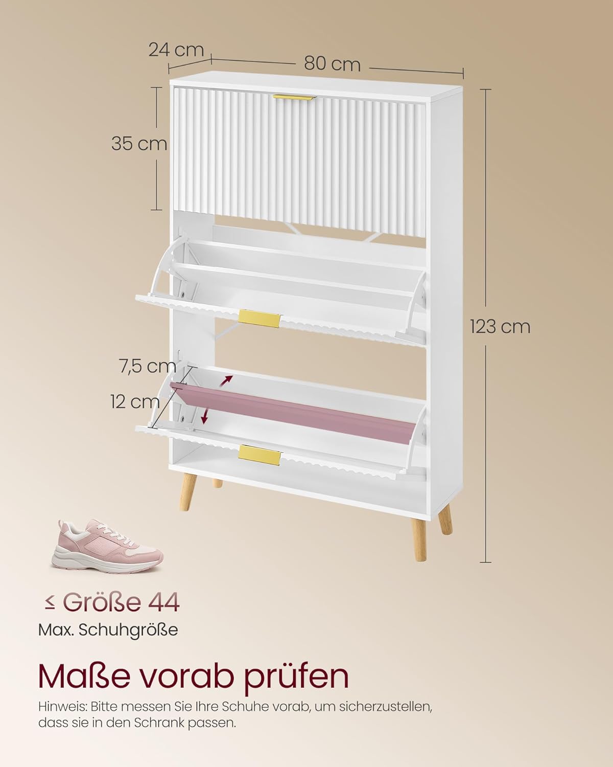 VASAGLE MAXE Kollektion - Schuhschrank mit 3 Klappen, Schuhkipper schmal, Schuhregal für Eingangsbereich, geriffelte Türen, für 18-24 Paar Schuhe, Mid Century Modern, wolkenweiß HSC302WB02