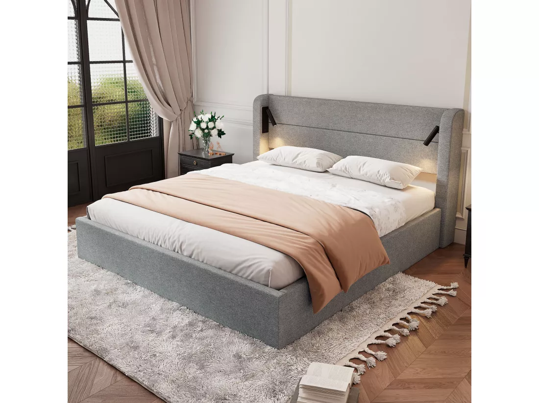 Lit coffre capitonné 180x200 cm - lit double - avec éclairage - sommier à lattes - gris (matelas non inclus)