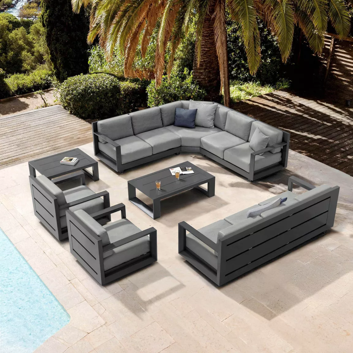 Salon de jardin d'angle aluminium 10 places Elba Gris anthracite