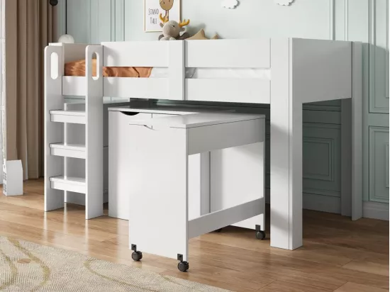 Lit mezzanine enfant 90x200cm - en MDF - avec bureau escamotable et armoire amovible - Blanc