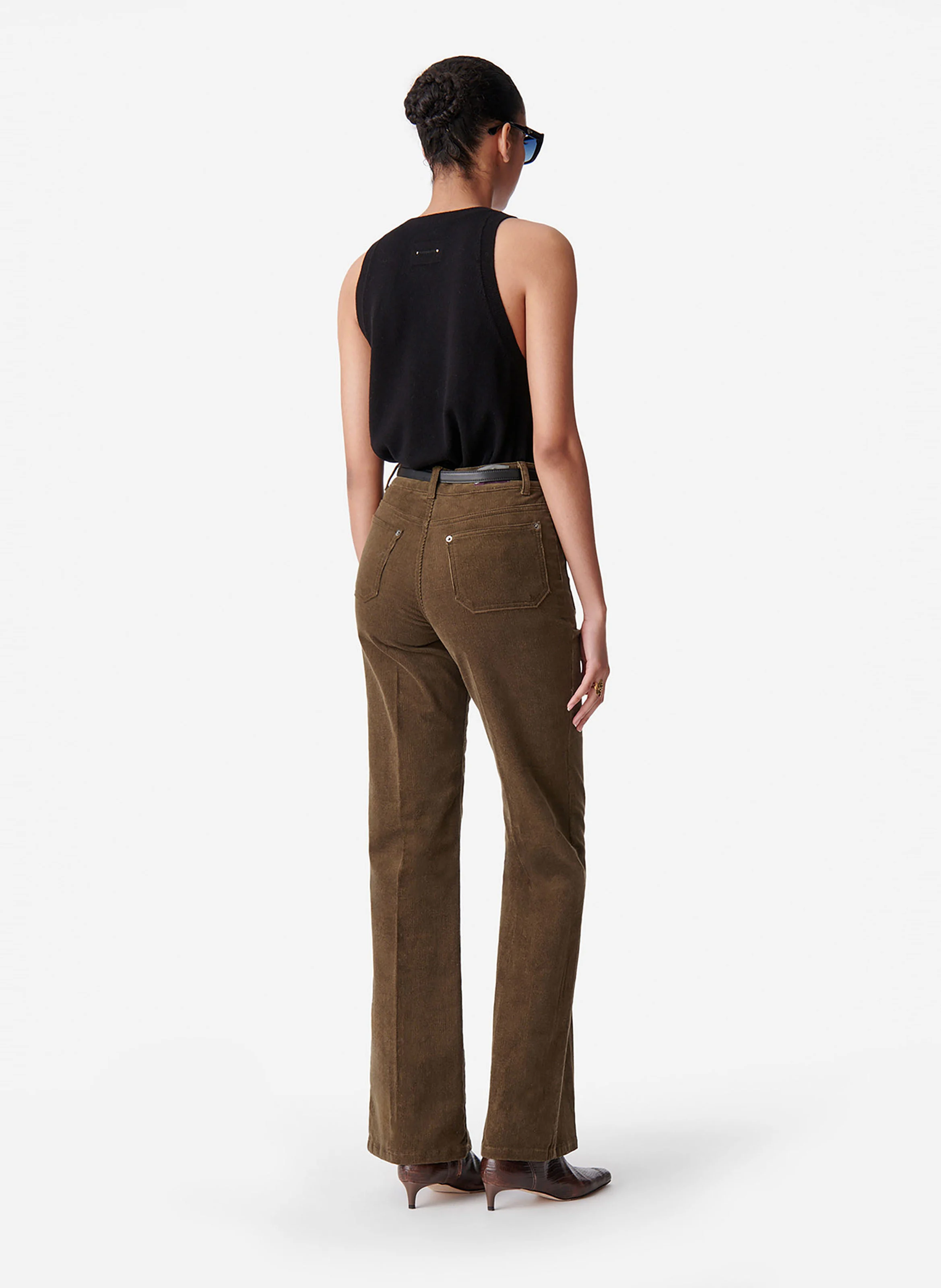 DOMPAY - Pantalon évasé côtelé en coton mélangé | Vert