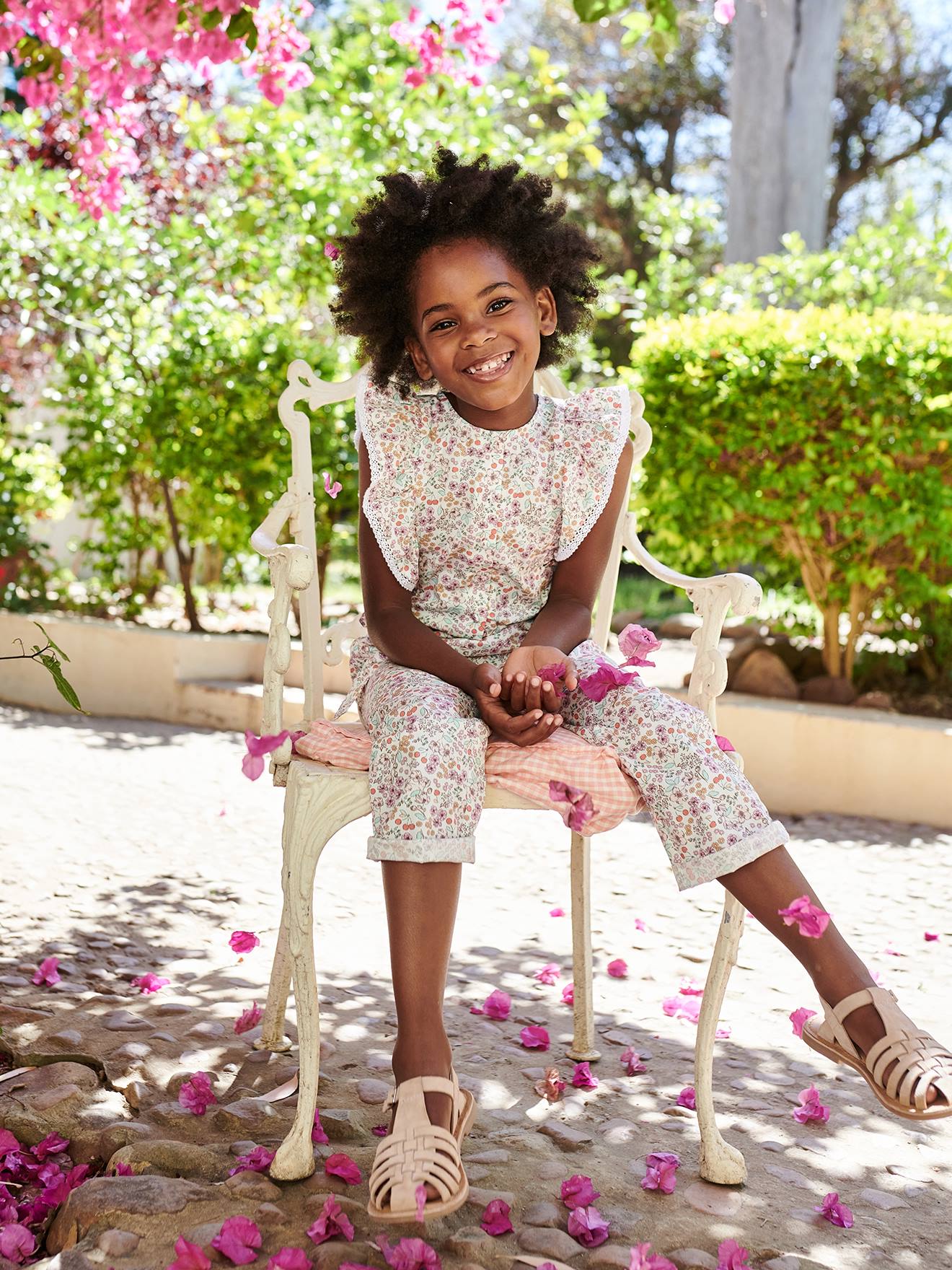 Macacão floral com babados, para menina, branco-creme