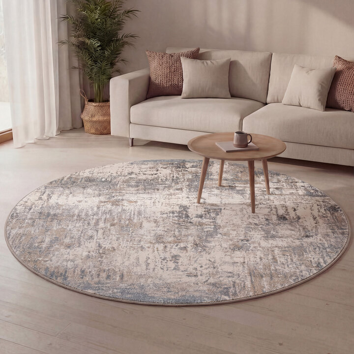 Rond wasbaar vloerkleed - Misha Grunge Creme/Grijs