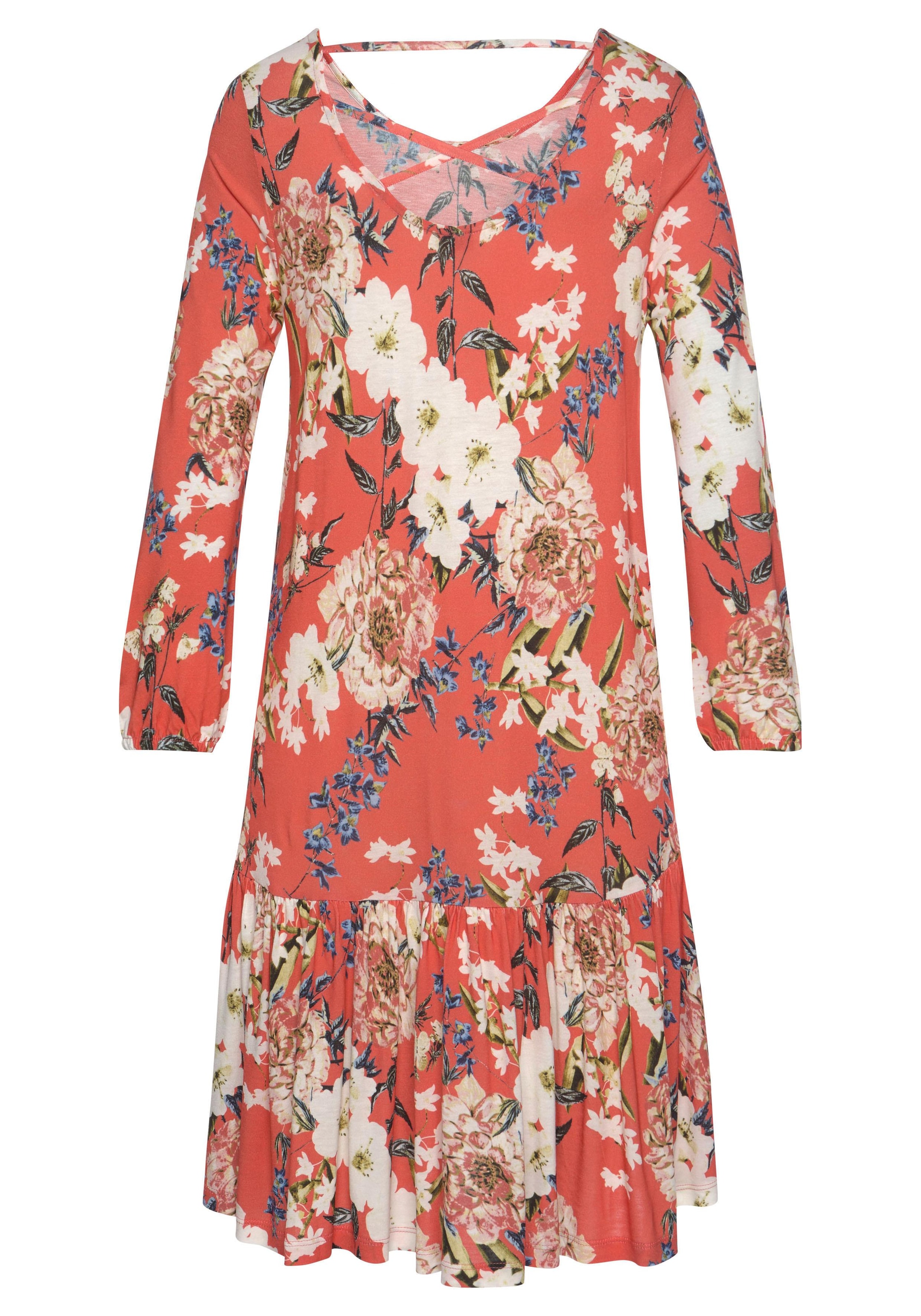 s.Oliver Jerseykleid mit Blumenprint und Volantrock, 3/4-Ärmel, Sommerkleid, Strandkleid