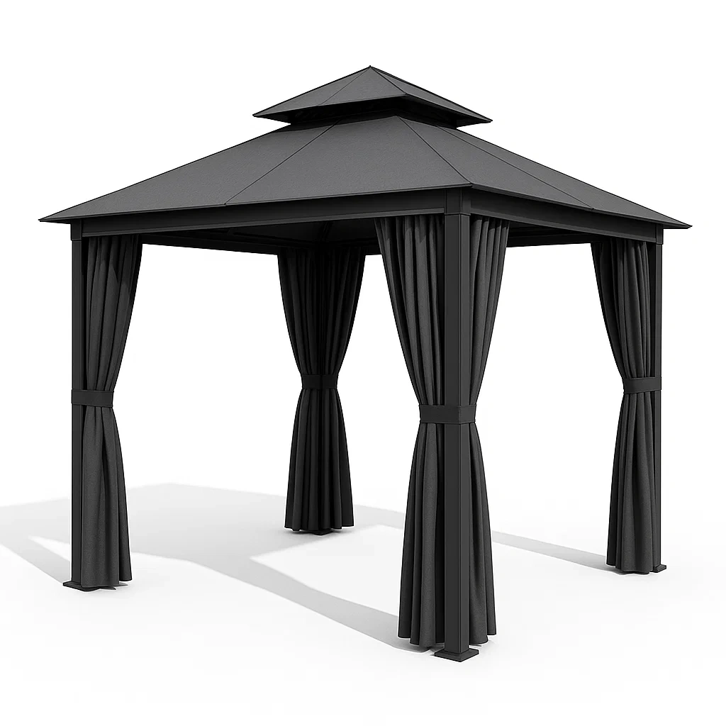 Pavillon en métal noir avec rideaux 300x300x260 cm