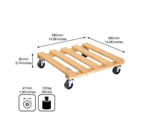 Wagner plantenwagen met kunststof wielen, 38 x 38 x 9,5 cm, hout, bruin