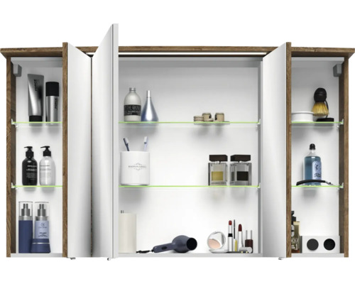 Badkamermeubelset Pelipal serie 4010, afmetingen (B x H x D): 122 x 200 x 48 cm, fronten in eikenhouten look, Ribbeck badkamermeubelset met 4 delen, inclusief witte keramische wastafel, keramische wastafelkast en spiegelkast met ledverlichting.