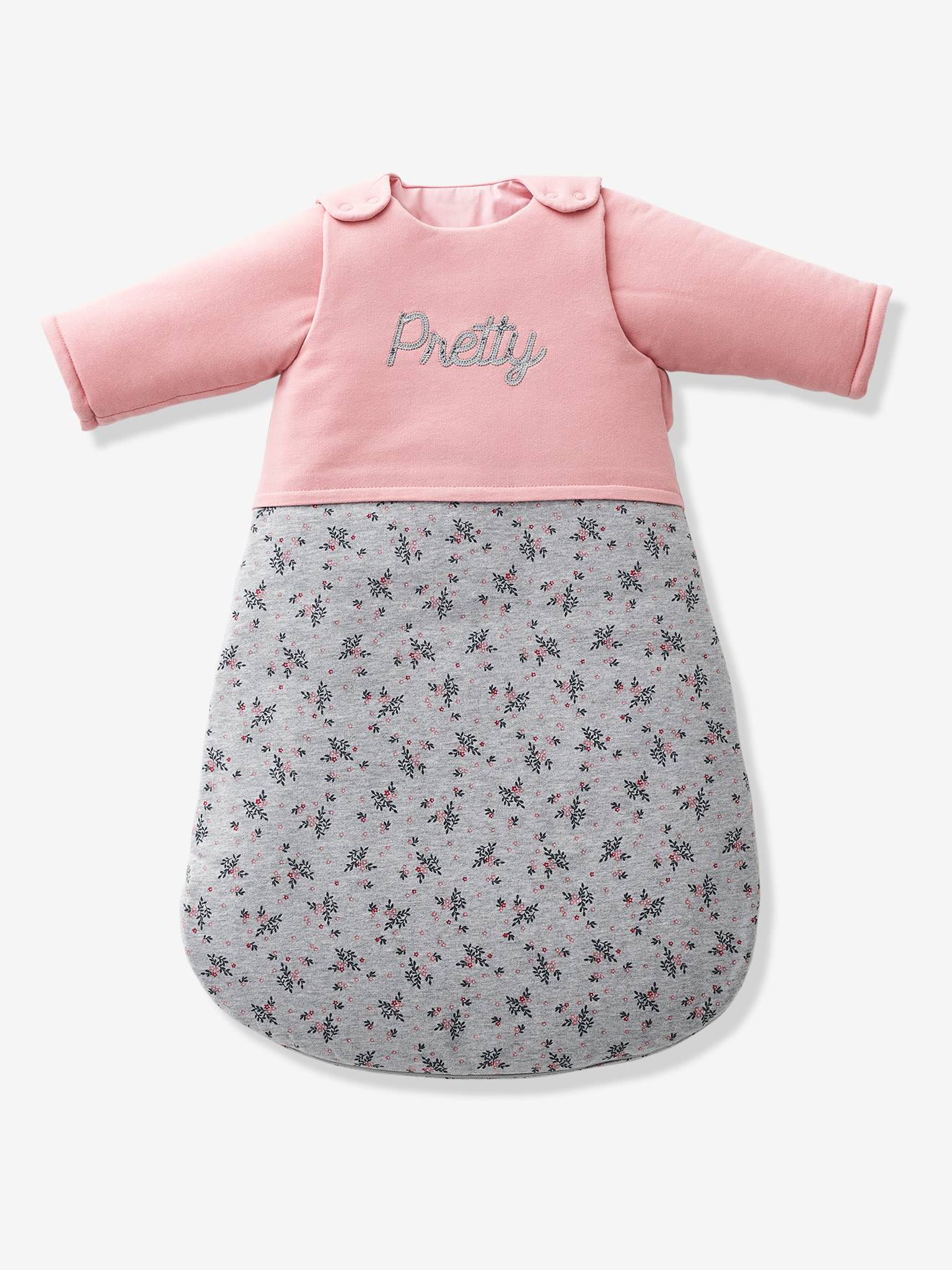 Saco de dormir para bebê PRETTY BABY tamanho médio, rosa liso, com mangas removíveis e estampas.