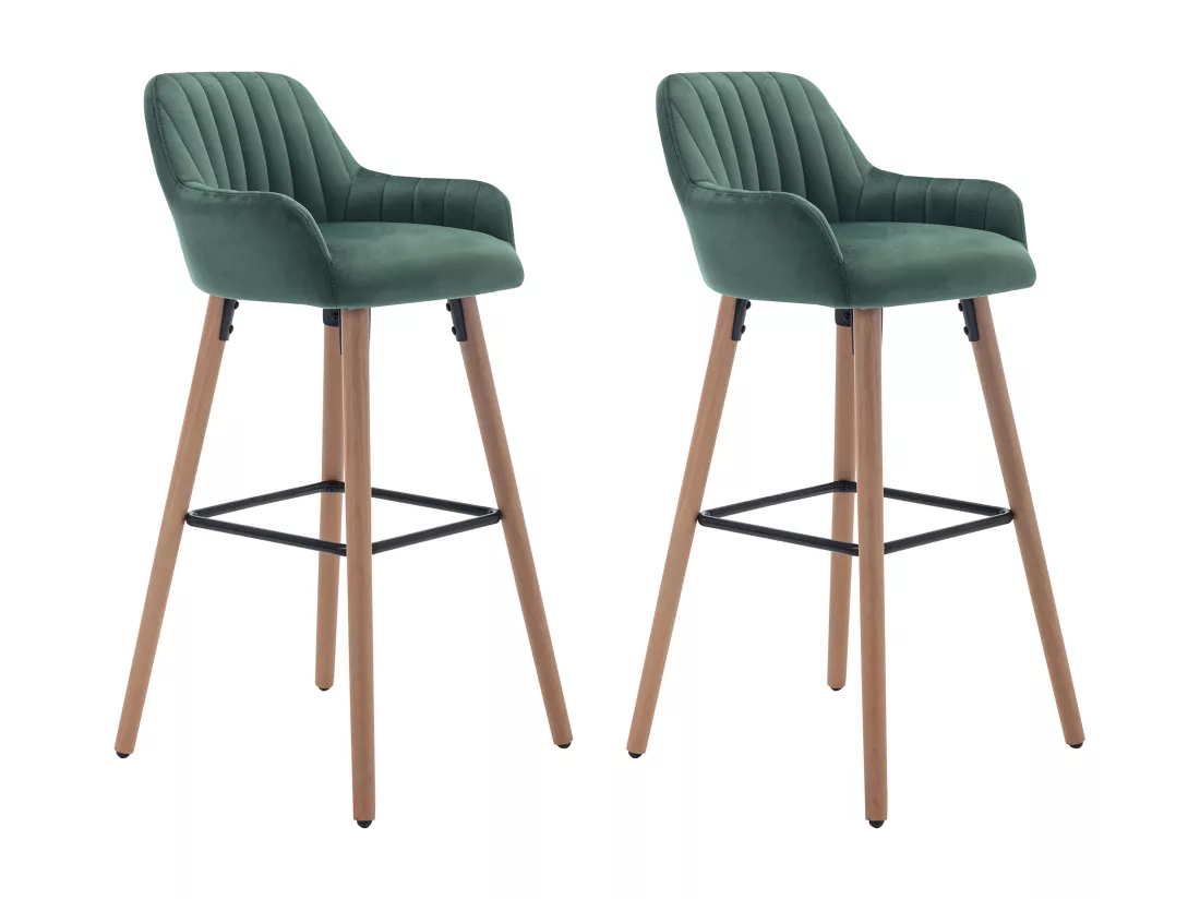 Lot de 2 tabourets de bar en velours et pieds bois de hêtre - Vert foncé - ELEANA