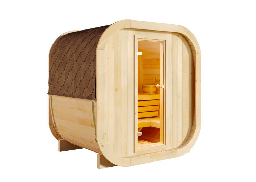FinnTherm ScandiCube Mini XS Barrelsauna met 2 houten banken, wanddikte 42 mm, buitensauna met bevestigingsmateriaal, 2 ramen, natuurlijke afwerking, 2,1 x 1,6 m