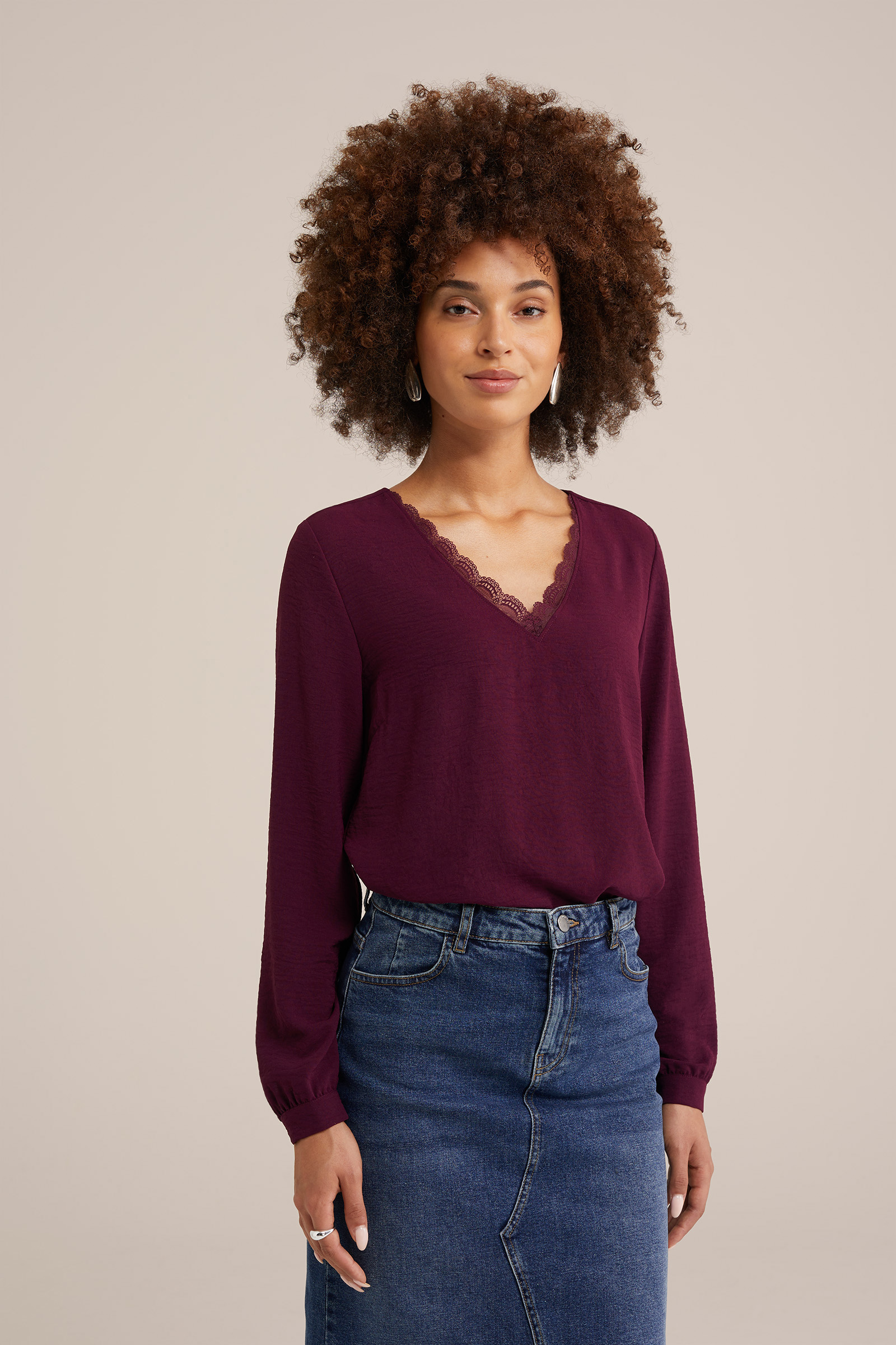 blouse met kant WE Fashion Donkerpaars