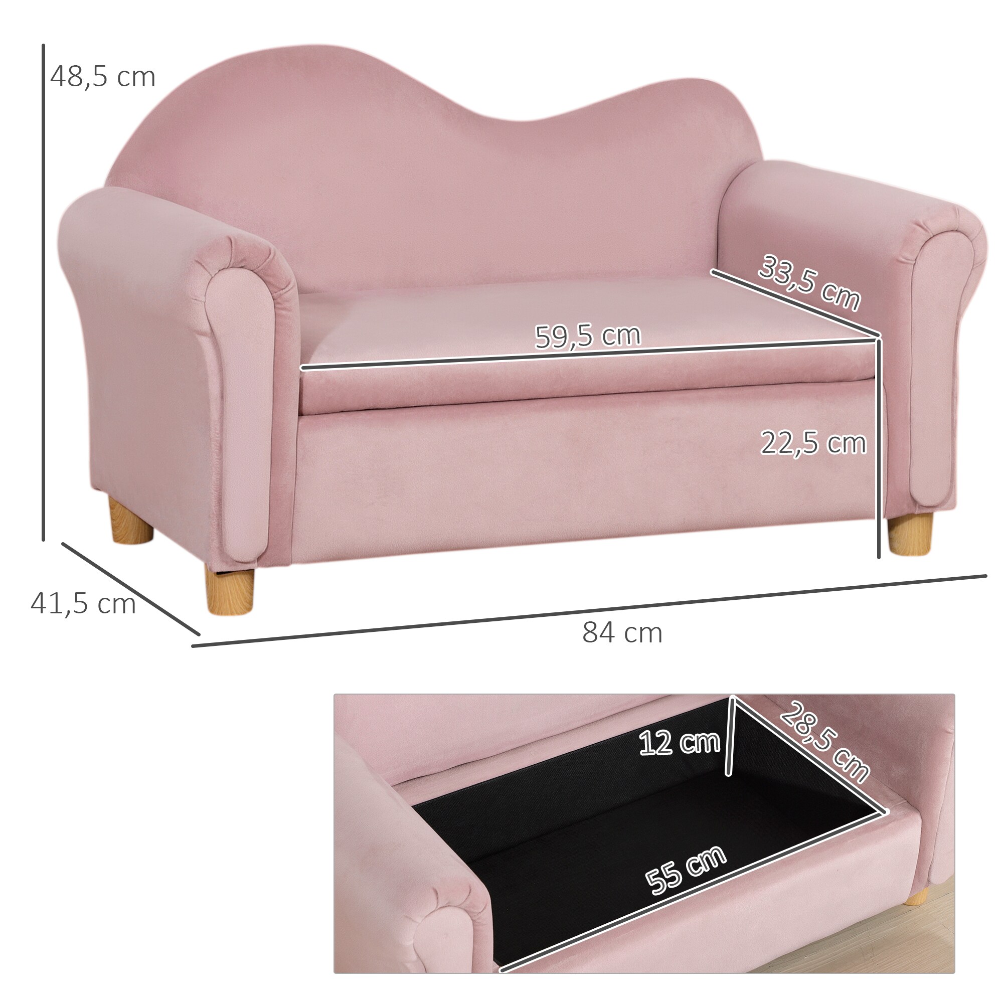 HOMCOM Kindersofa mit Stauraum rosa 84L x 41,5B x 48,5H cm