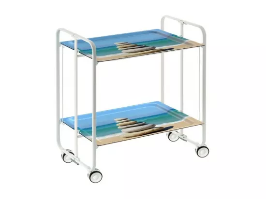 Chariot pliant à roulettes, table pliante roulante, desserte - Structure métallique blanche, 2 niveaux en stratifié motif Galets, Plage - 72*66*43 cm - BAUHAUS