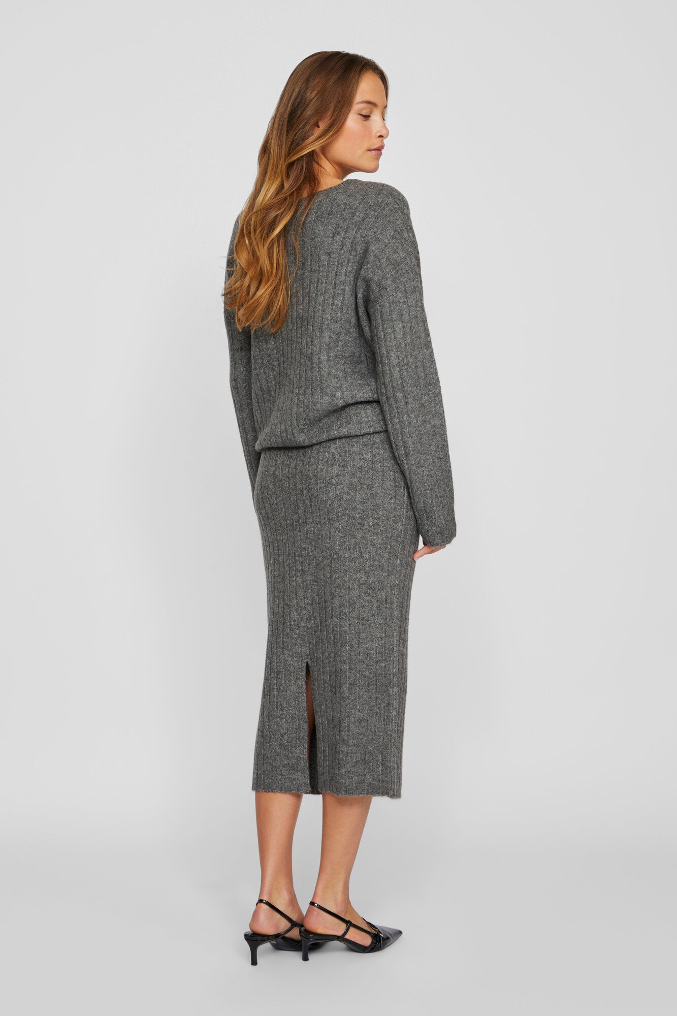 Vila  Vimiraz ribstrikket midi nederdel - Medium Grey Melange