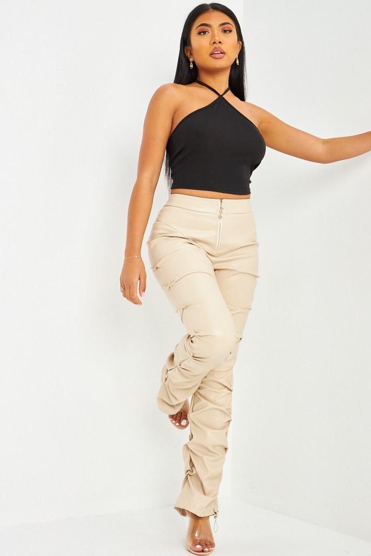 Pantalon froncé en simili cuir ivoire