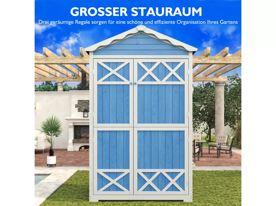 Abri de jardin en bois massif avec toit pente résistant aux intempéries - 2 portes 3 étagères - 93 x 45 x 179 cm - Bleu