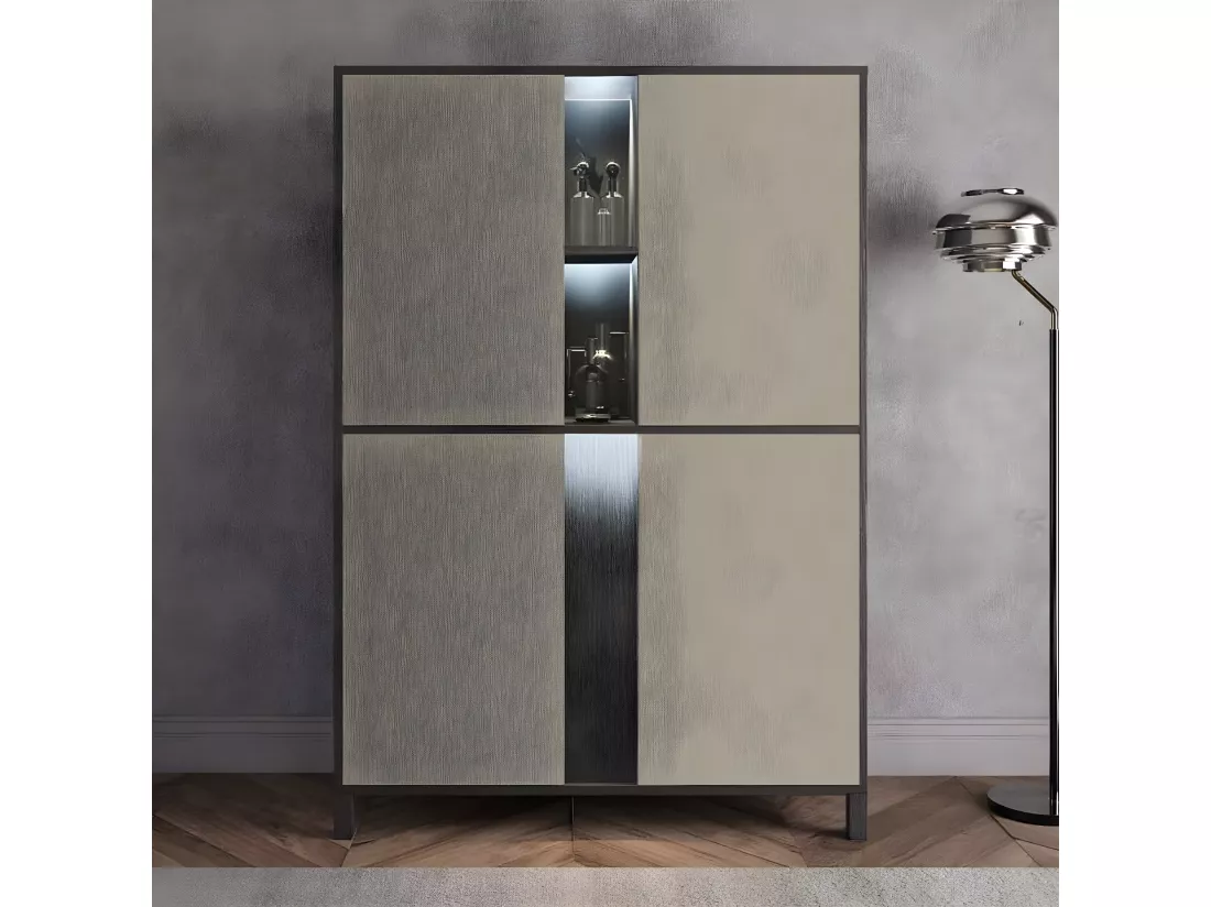 MANTA - Vaisselier 4 Portes Effet Chêne Foncé et Champagne avec Leds