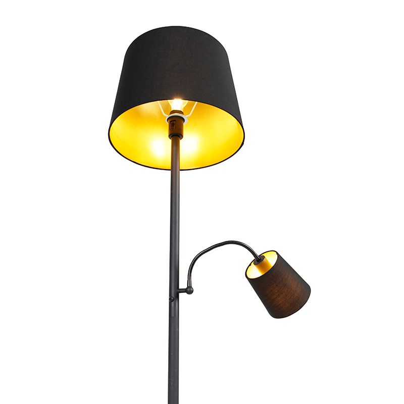 Klassieke vloerlamp zwart met goud en leeslampje - Retro