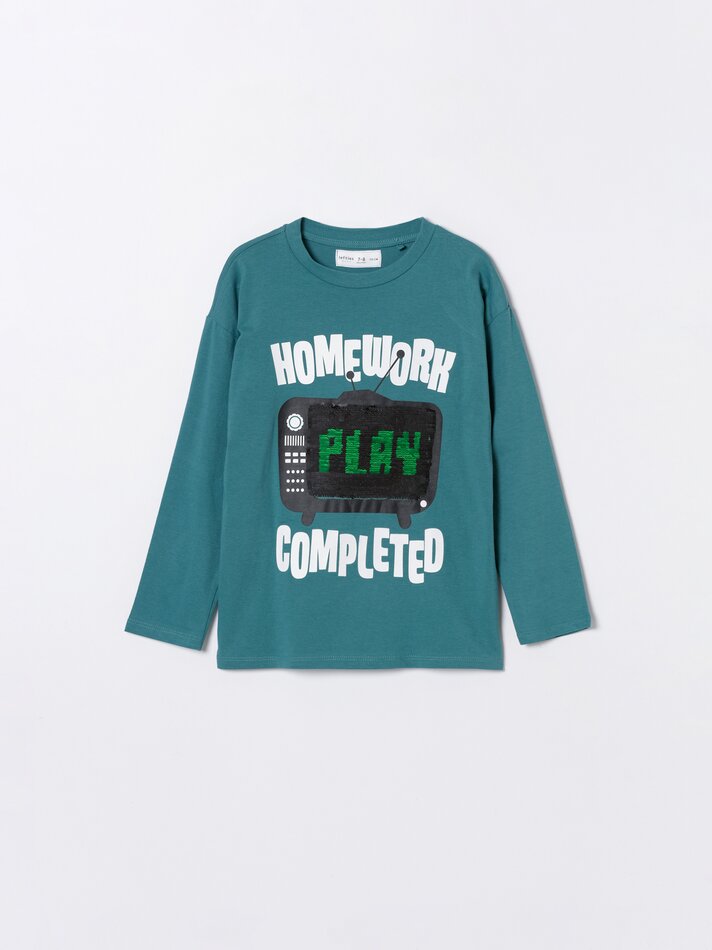 Camiseta de manga comprida estampada - Verde Médio