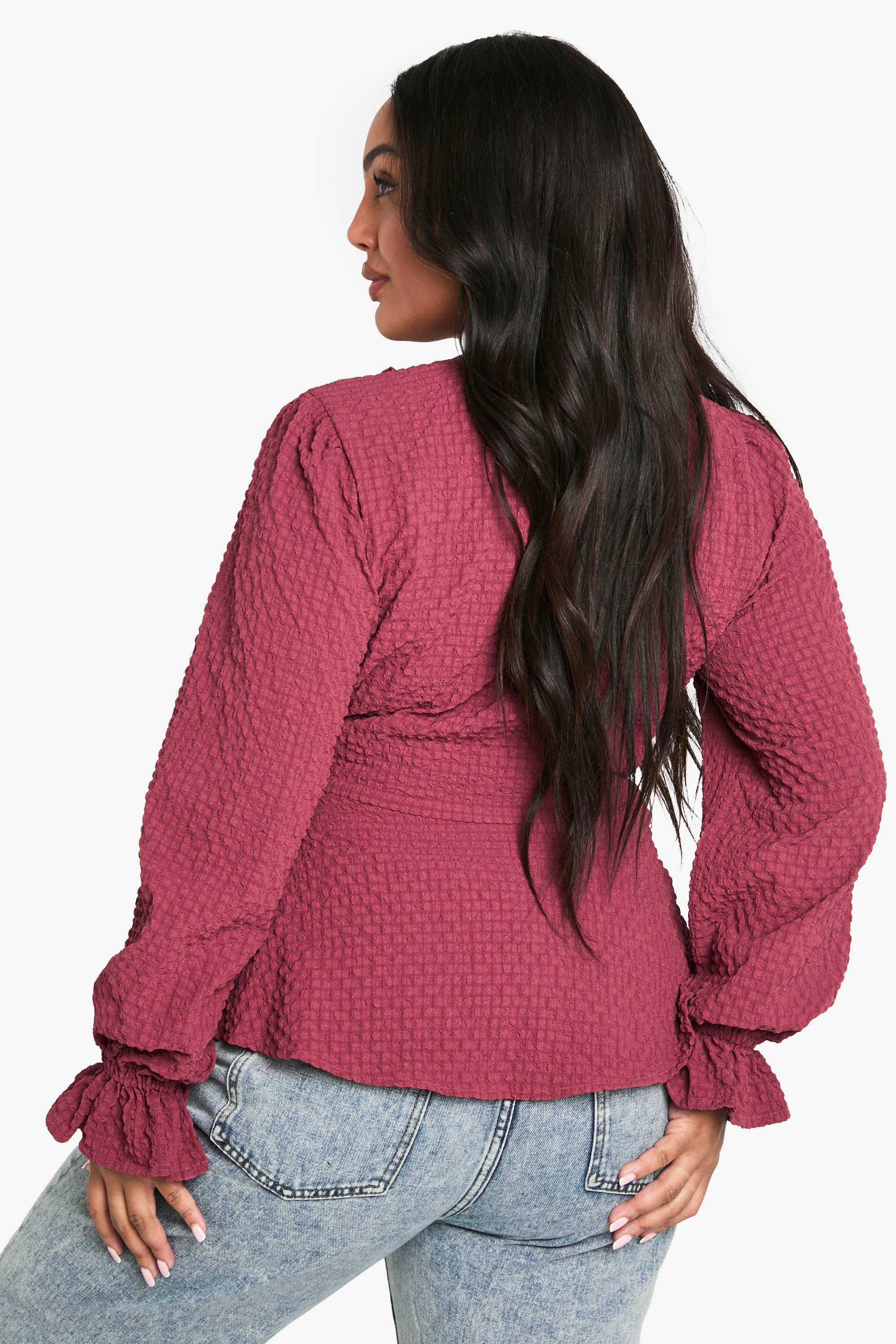 boohoo plus textured tie detail WRAP RUFFLE blouse