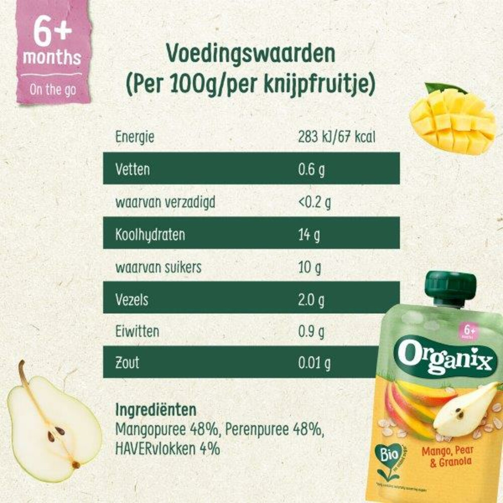 6x Organix Knijpfruit 6+m Mango Peer & Granola100 gr