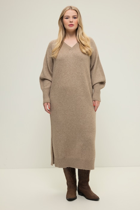 Strick-Maxikleid, Loose Fit, Strukturstrick, V-Ausschnitt, Raglan-Langarm