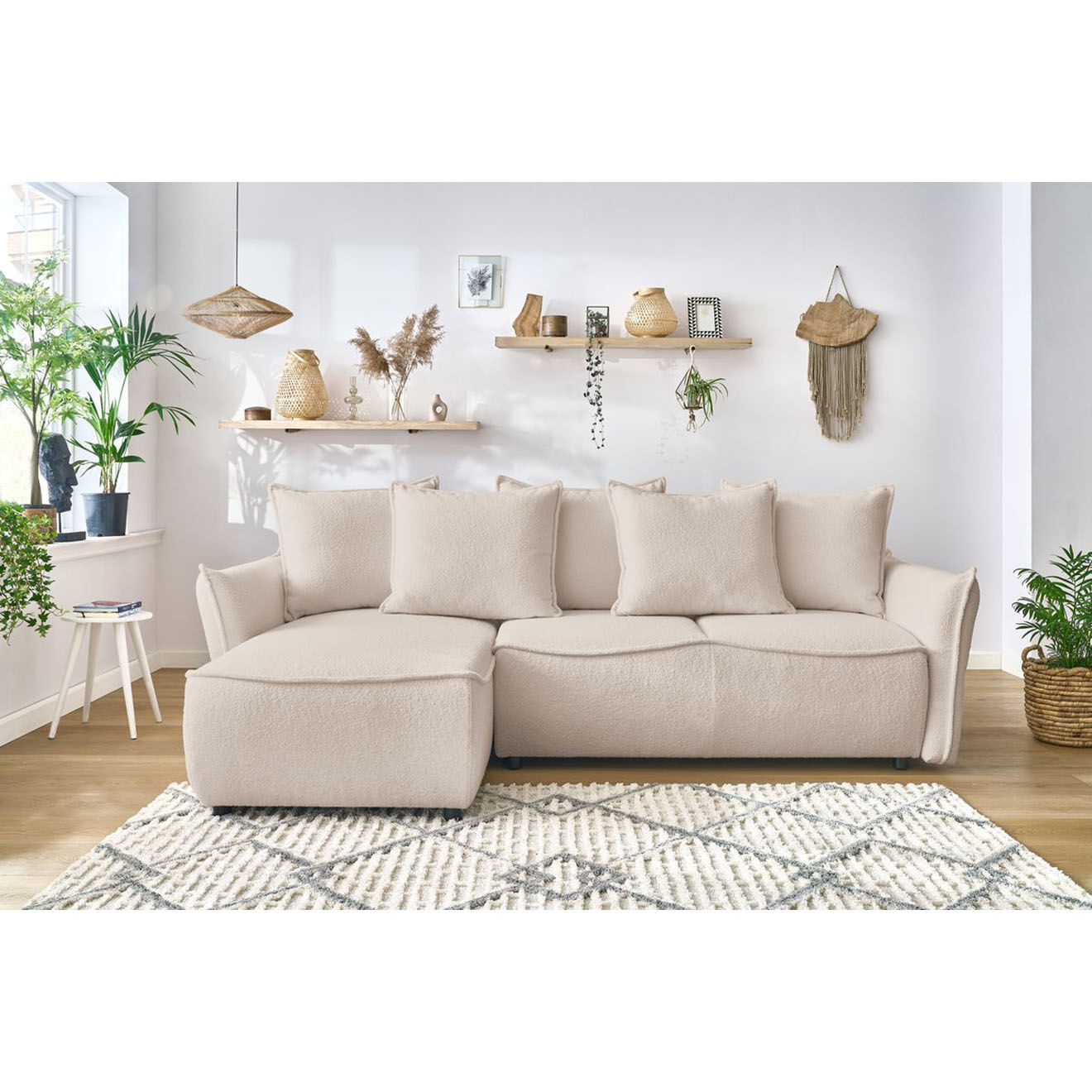 Bobochic Canapé d'angle gauche convertible bouclette Léon beige - 242x158x90 cm
