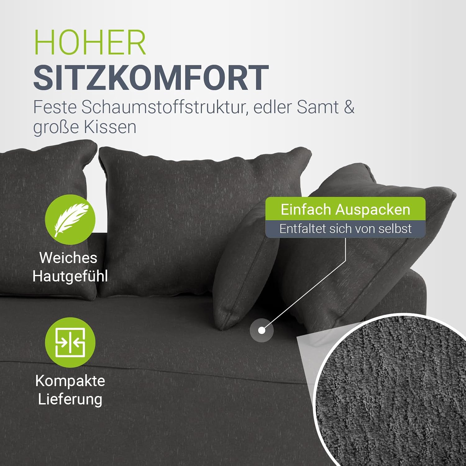 Juskys Sofa Tirano - Samt Grau, Ecksofa mit L-Form, mit Rücken- & Dekokissen, 4-Sitzer Eckcouch, Schaumstoff - Ottomane rechts