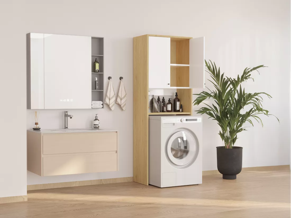 Meuble pour machine à laver avec double portes - L65 x H180 cm - Blanc et naturel clair - WORIKA