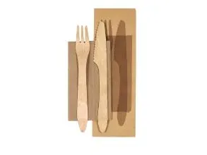 Bestikpose træ 3/1 med 190 mm kniv/gaffel/serviet voksbehandlet Bionedbrydelig,400 stk/krt