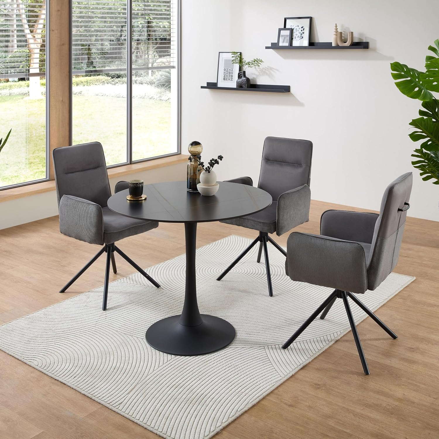 JOSH Esstisch rund in Marmor Optik, Schwarz - Außergewöhnlicher Esszimmertisch mit Metallgestell für Küche und Esszimmer - 90 x 75 x 90 cm (B/H/T)
