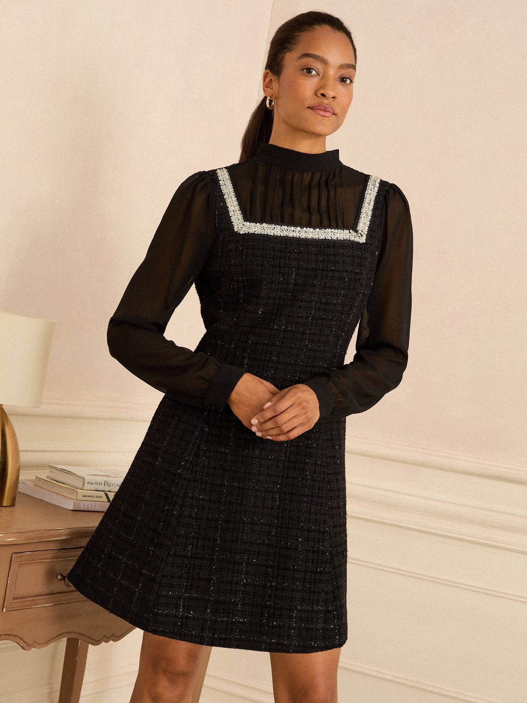 Love & Roses Long Sleeve Embellished Chiffon Tweed Mini Dress