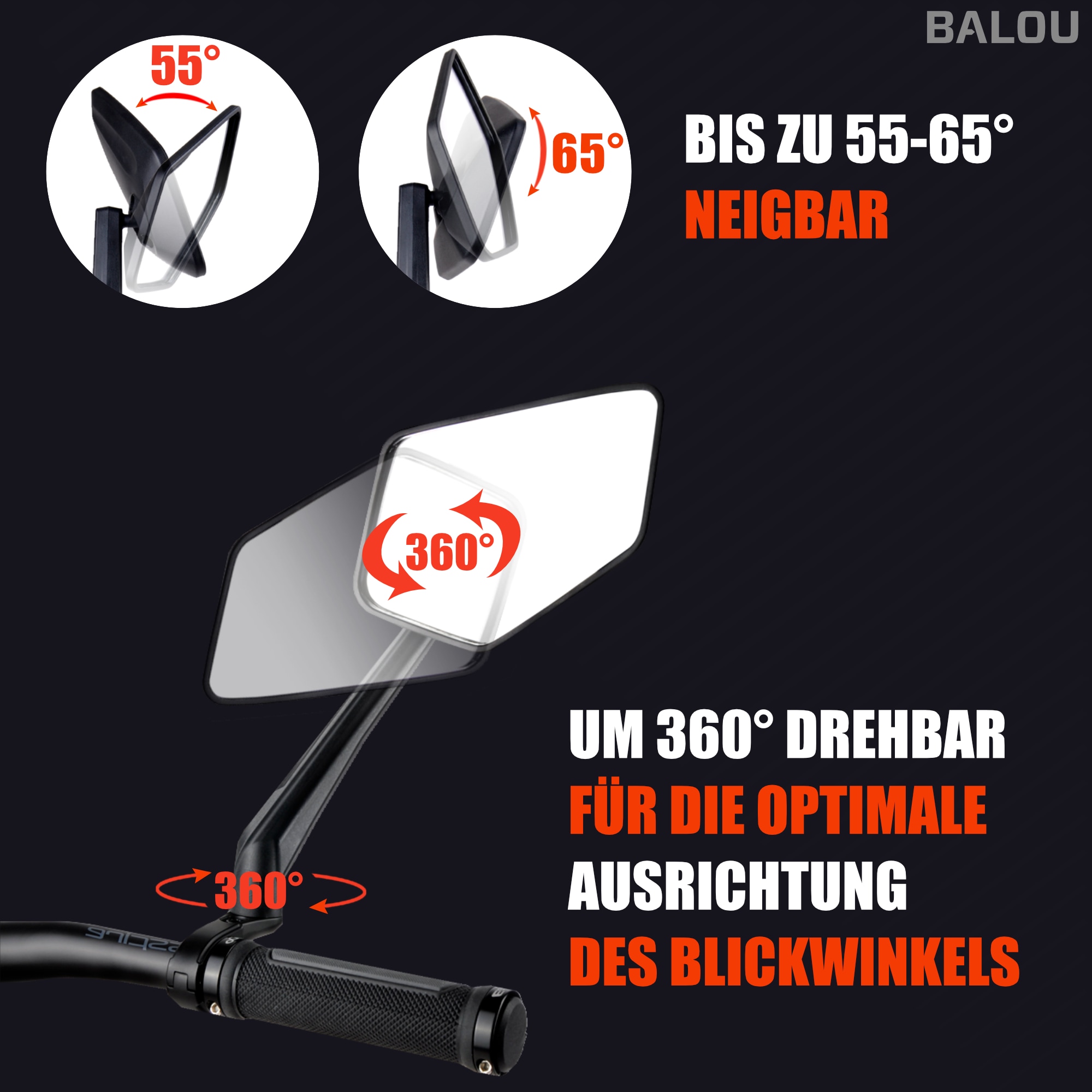 BALOU Fahrradspiegel mit extra großer Spiegelfläche und Reflektorstreifen