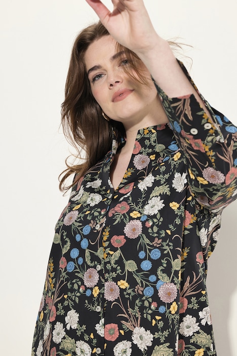 Bluse, Blüten, Kelchkragen, V-Ausschnitt, Langarm