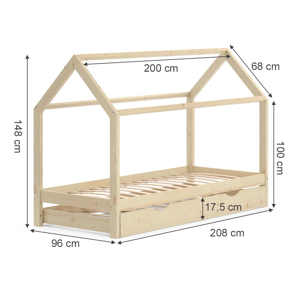 VitaliSpa Kinderbett Hausbett Gästebett Wiki Natur 90x200cm Schublade Matratze