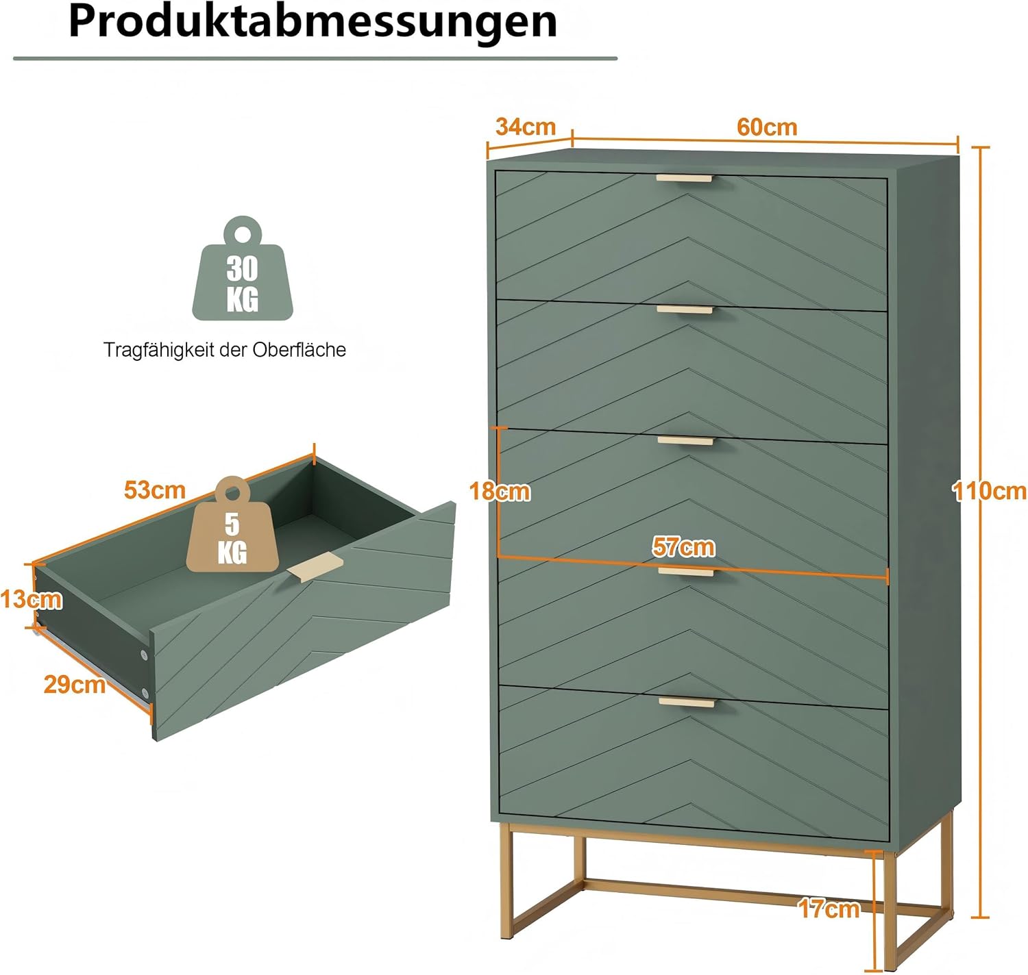 UEV Kommode mit 5 Schubladen Schrank Holz mit Kippsicherung Metallfuß Highboard Sideboard Schmal kommode Beistellschrank für Wohnzimmer Schlafzimmer,Flur 60x34x110cm (grün)