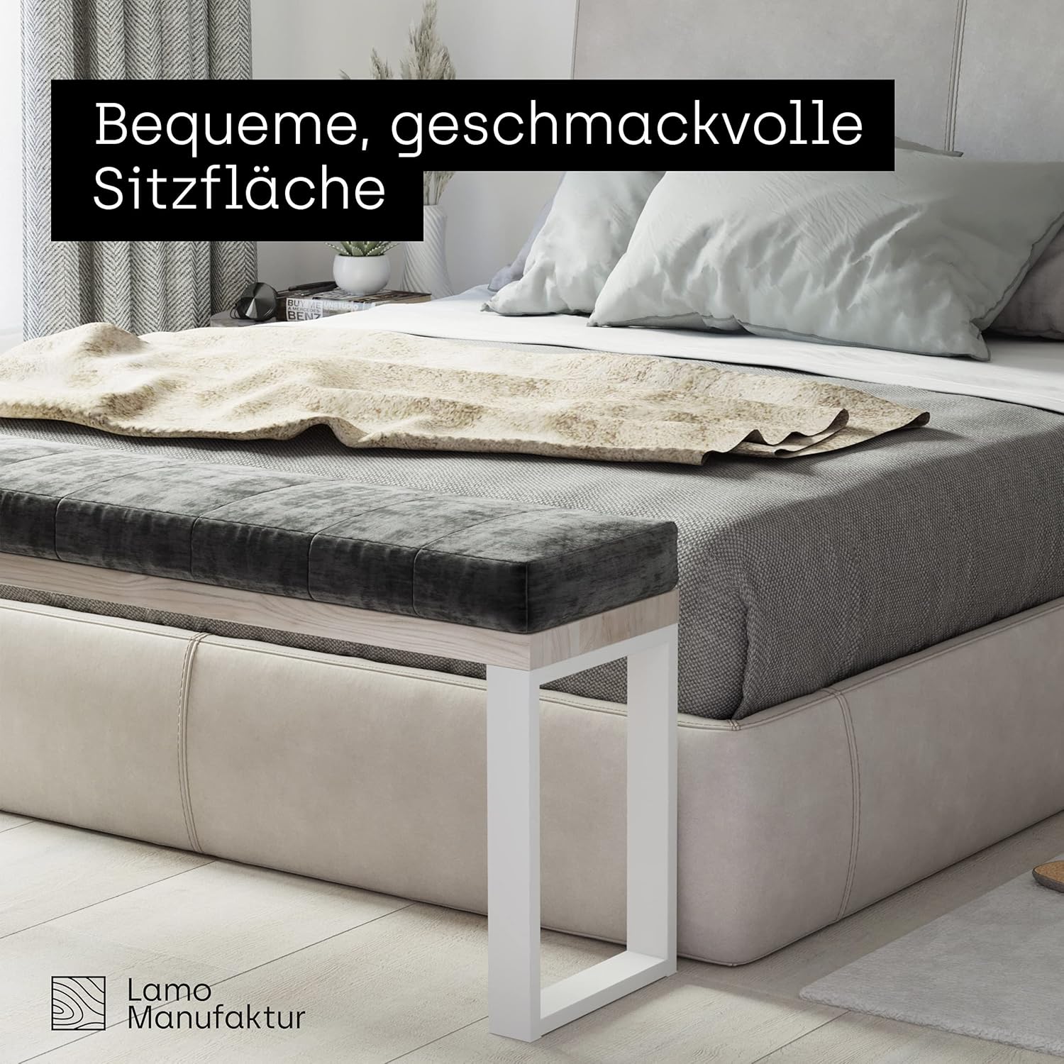 LAMO Manufaktur Sitzbank Flur Holzbank 30x160x47 cm, Möbelfüße Simple Weiss/Roh, LSB-01-A-001-160-9016S