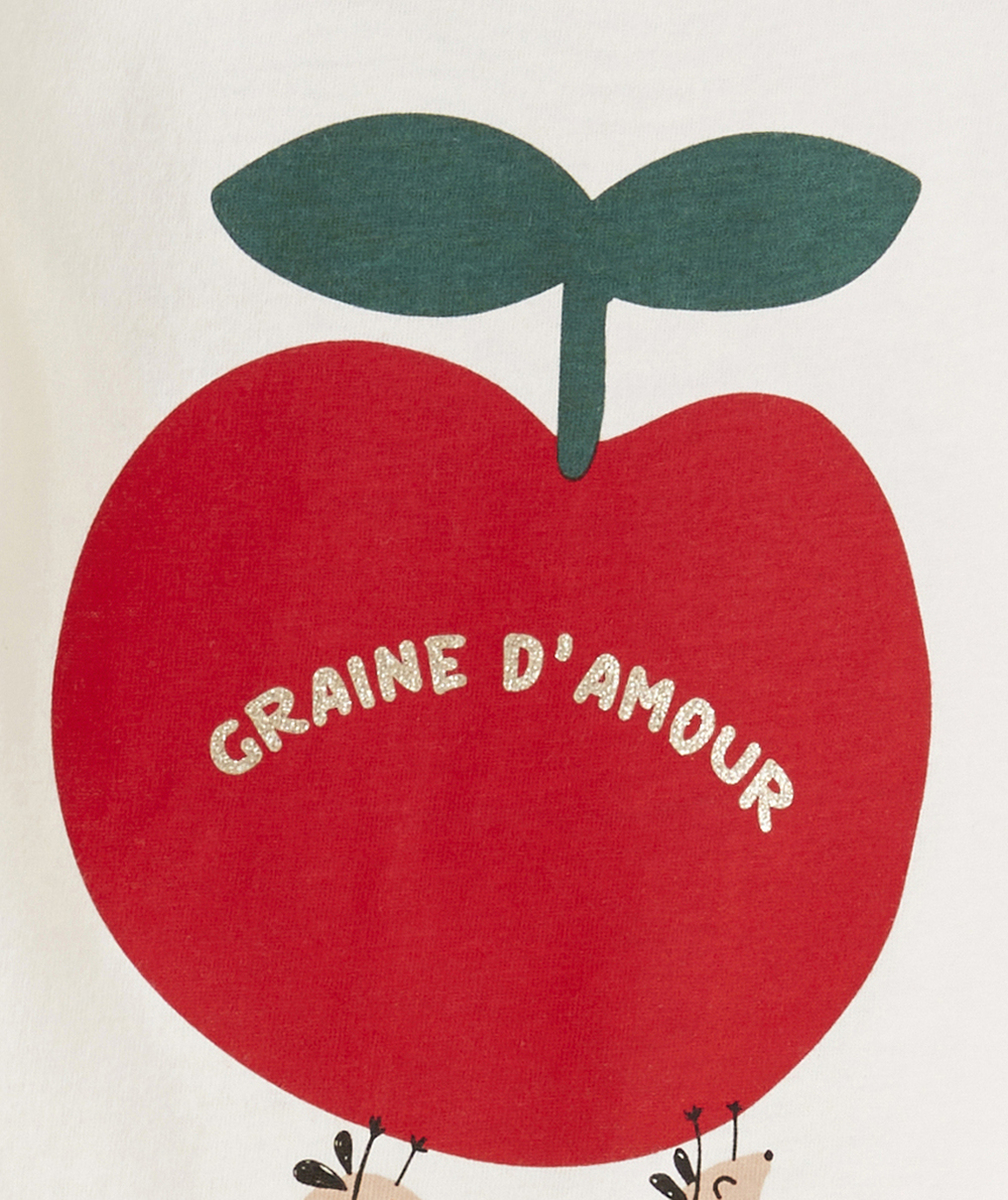 T-SHIRT MANCHES LONGUES BÉBÉ FILLE EN COTON BIO ÉCRU THÈME POMME