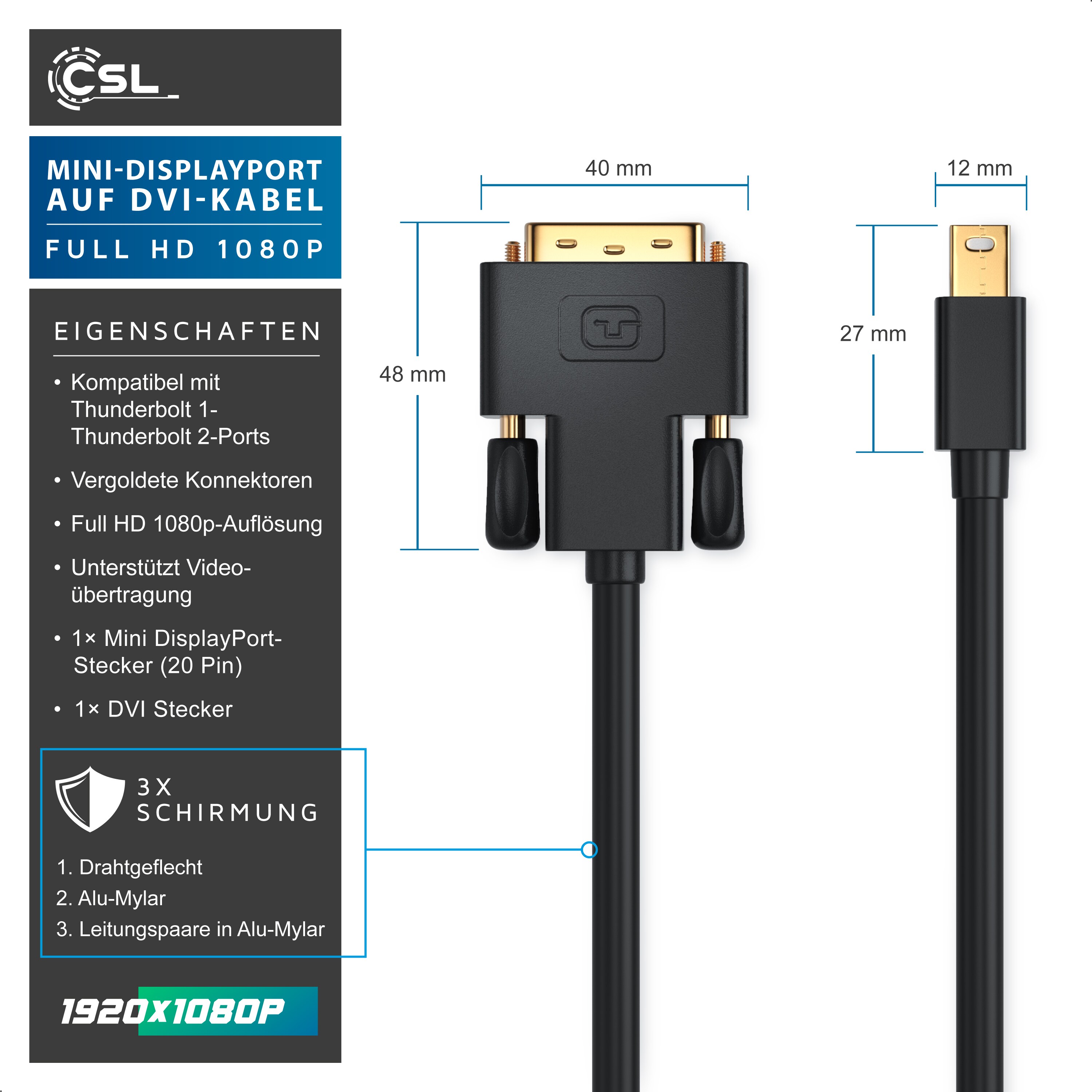 CSL Mini DisplayPort zu DVI Video-Kabel, miniDP Monitor Adapter Kabel, für Apple, PC's & Notebooks - 2m